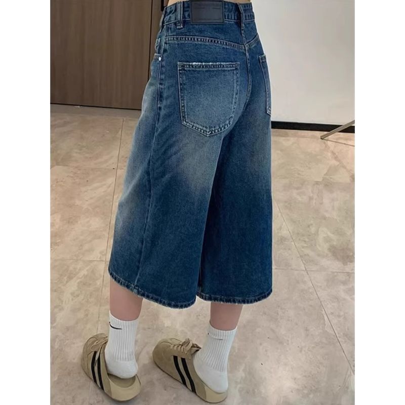 復古高街闊腿牛仔褲女夏季新款小個子腰寬松顯瘦七分直筒中褲
