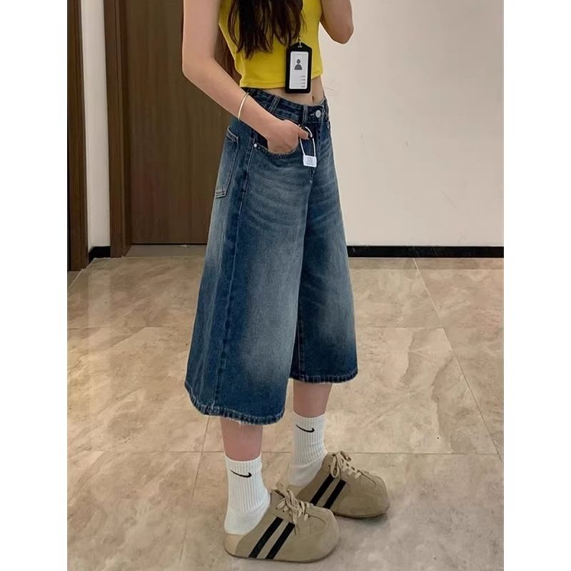 復古高街闊腿牛仔褲女夏季新款小個子腰寬松顯瘦七分直筒中褲