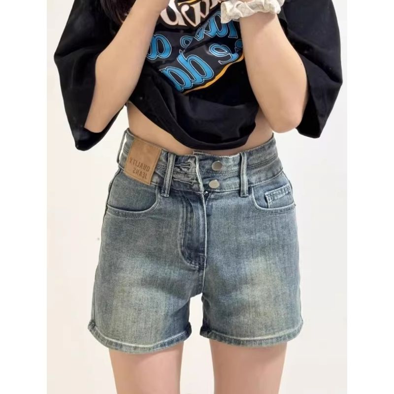 韓版藍色設計感雙扣高腰不露牛仔短褲女2026新款夏季包臀三分熱褲
