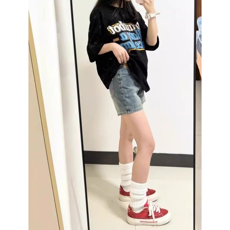 韓版藍色設計感雙扣高腰不露牛仔短褲女2026新款夏季包臀三分熱褲