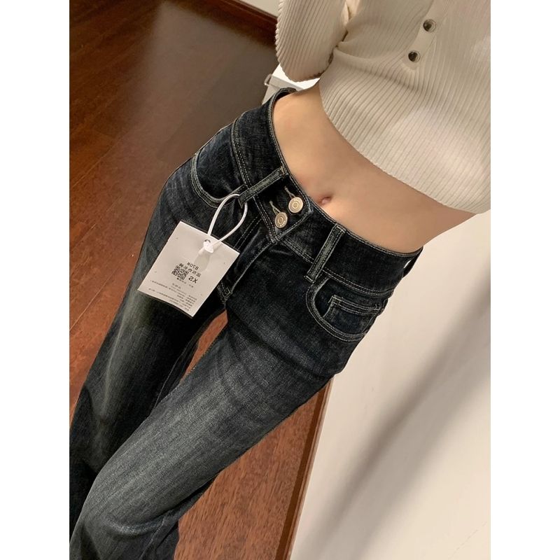 韓版復古微喇牛仔褲女2026春夏新款雙排扣彈力高腰顯瘦喇叭拖地褲