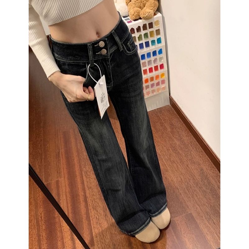 韓版復古微喇牛仔褲女2026春夏新款雙排扣彈力高腰顯瘦喇叭拖地褲
