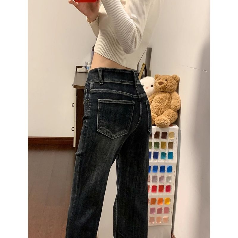 韓版復古微喇牛仔褲女2026春夏新款雙排扣彈力高腰顯瘦喇叭拖地褲