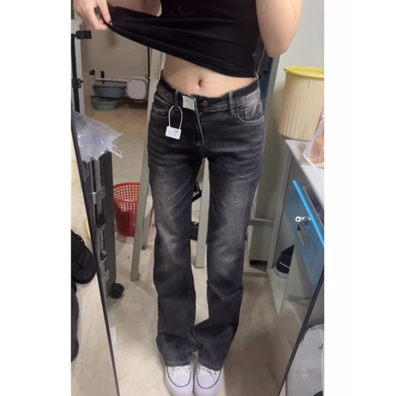 韓版黑灰色微喇牛仔褲女2026新款復古修身顯瘦低腰長褲子
