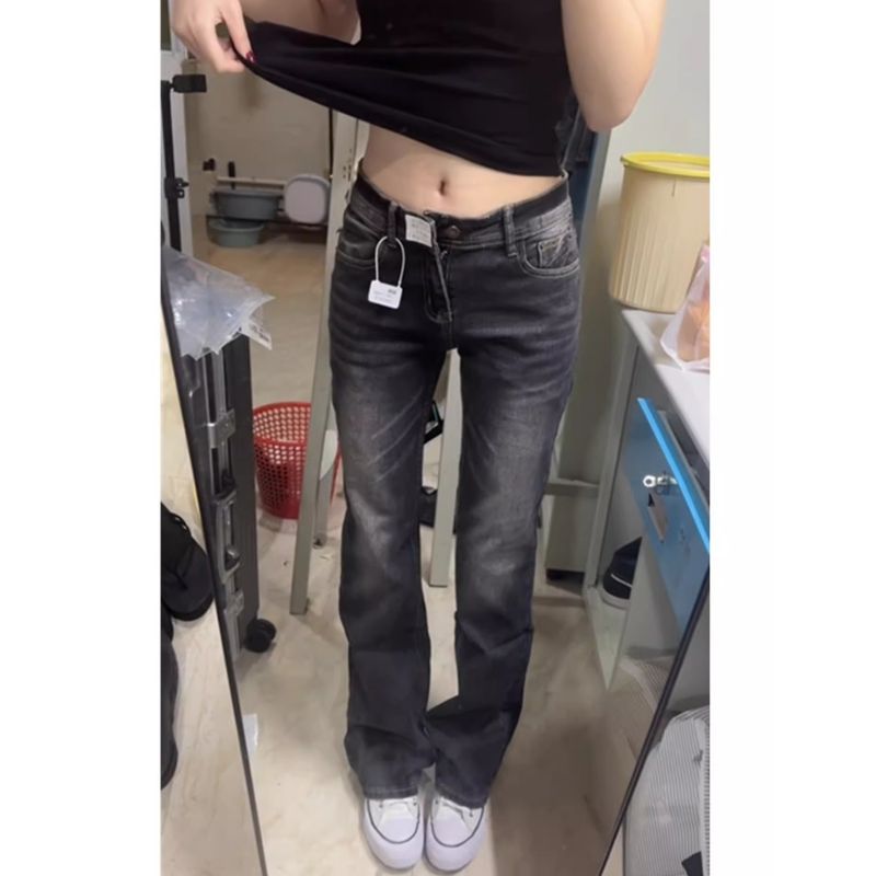 韓版黑灰色微喇牛仔褲女2026新款復古修身顯瘦低腰長褲子