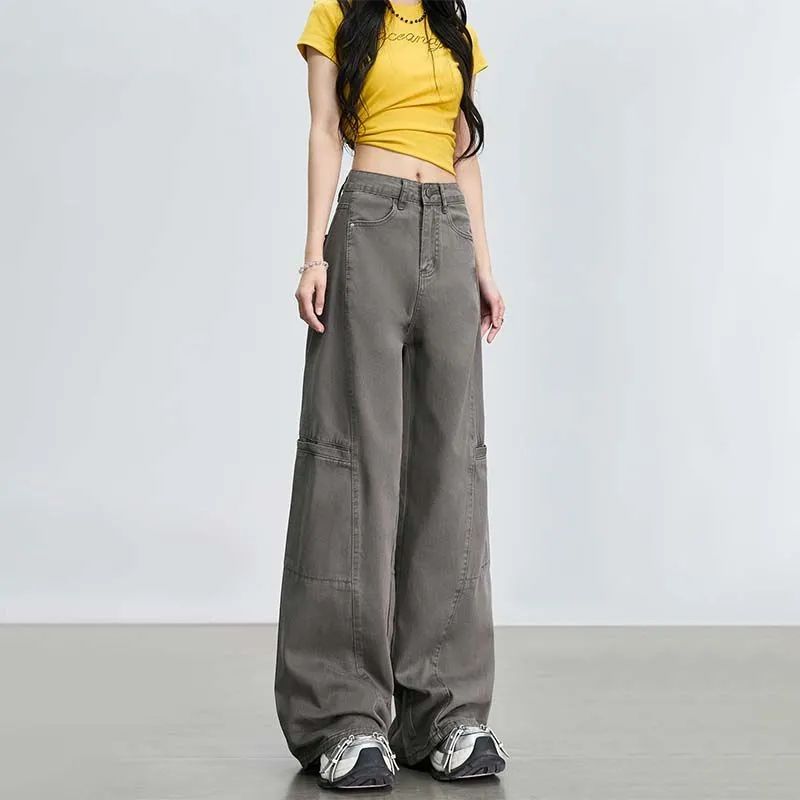 韓式灰色闊腿工裝牛仔褲女2026夏季新款高腰顯瘦直筒拖地褲