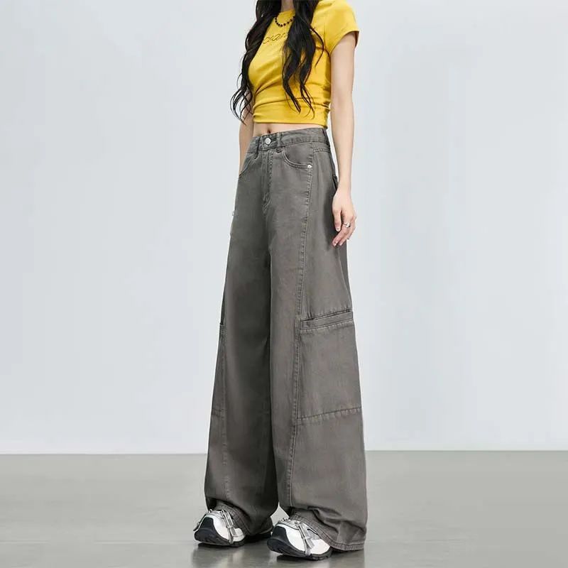 韓式灰色闊腿工裝牛仔褲女2026夏季新款高腰顯瘦直筒拖地褲