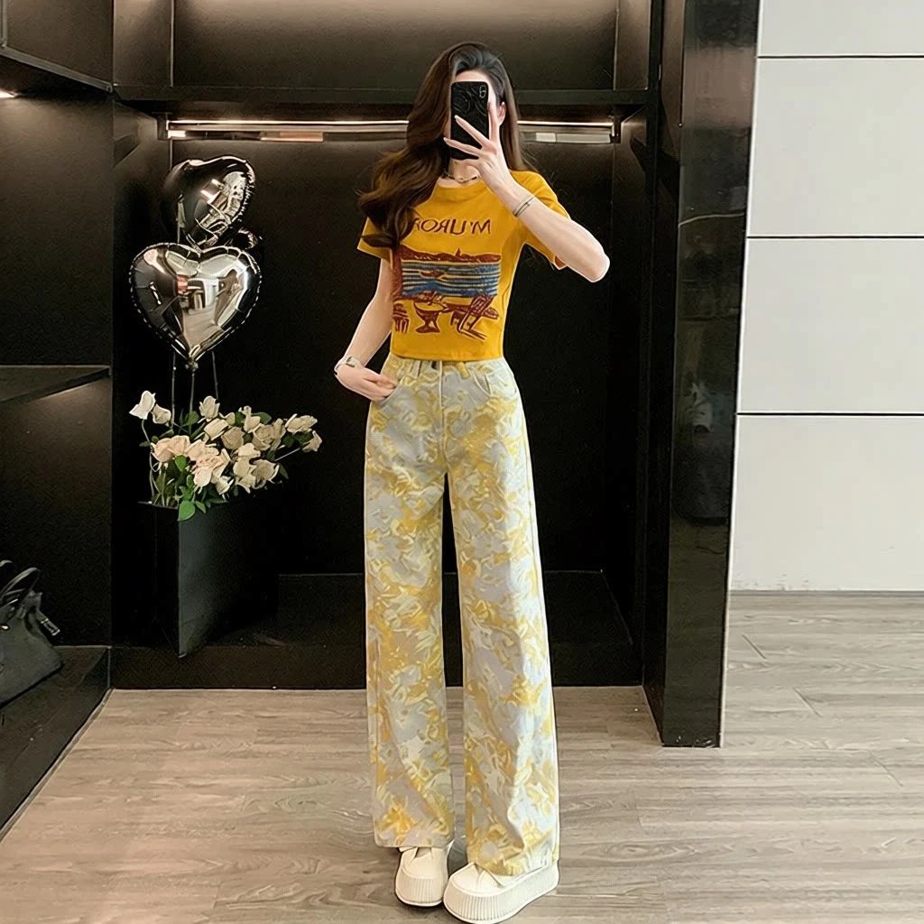 多巴胺印花闊腿牛仔褲女春夏新款高腰顯瘦設計感寬松慵懶風直筒褲