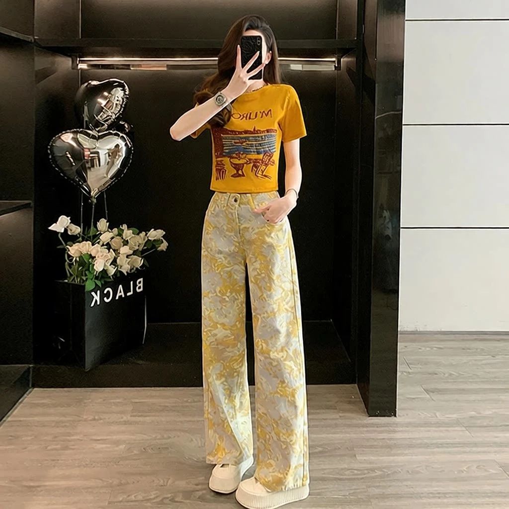 多巴胺印花闊腿牛仔褲女春夏新款高腰顯瘦設計感寬松慵懶風直筒褲