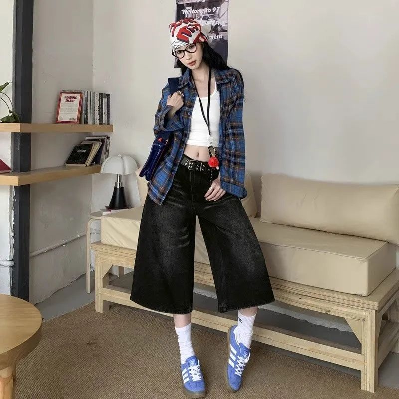 黑色百搭闊腿七分牛仔褲女美式復古高腰寬松大碼顯瘦直筒牛仔短褲