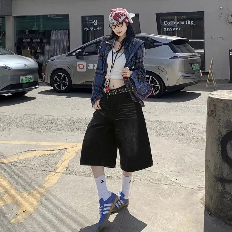 黑色百搭闊腿七分牛仔褲女美式復古高腰寬松大碼顯瘦直筒牛仔短褲
