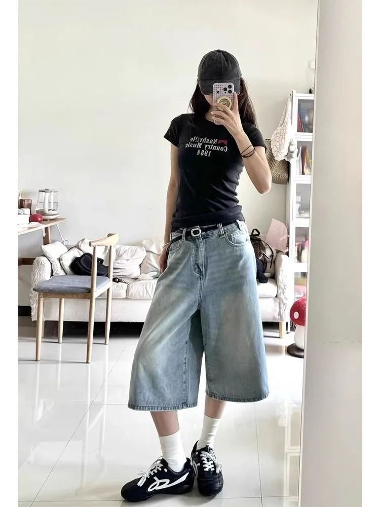 黑色百搭闊腿七分牛仔褲女美式復古高腰寬松大碼顯瘦直筒牛仔短褲