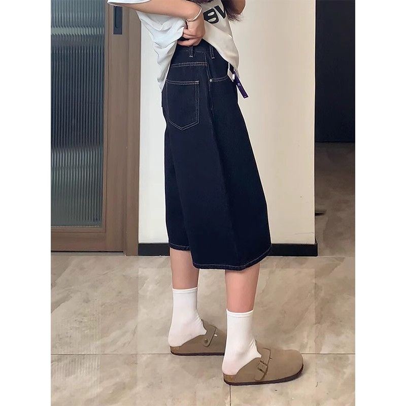 美式復古闊腿松弛牛仔中褲女夏季新款寬松顯瘦水洗直筒七分褲子