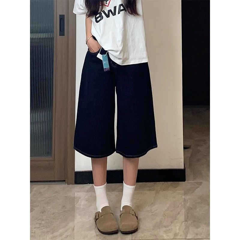 美式復古闊腿松弛牛仔中褲女夏季新款寬松顯瘦水洗直筒七分褲子
