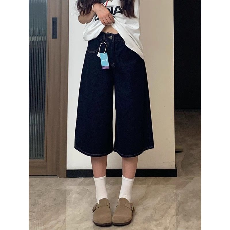 美式復古闊腿松弛牛仔中褲女夏季新款寬松顯瘦水洗直筒七分褲子