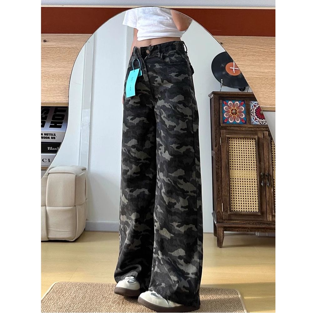 迷彩闊腿牛仔褲女2026夏季薄款辣妹高腰寬松顯瘦百搭拖地休閑褲子