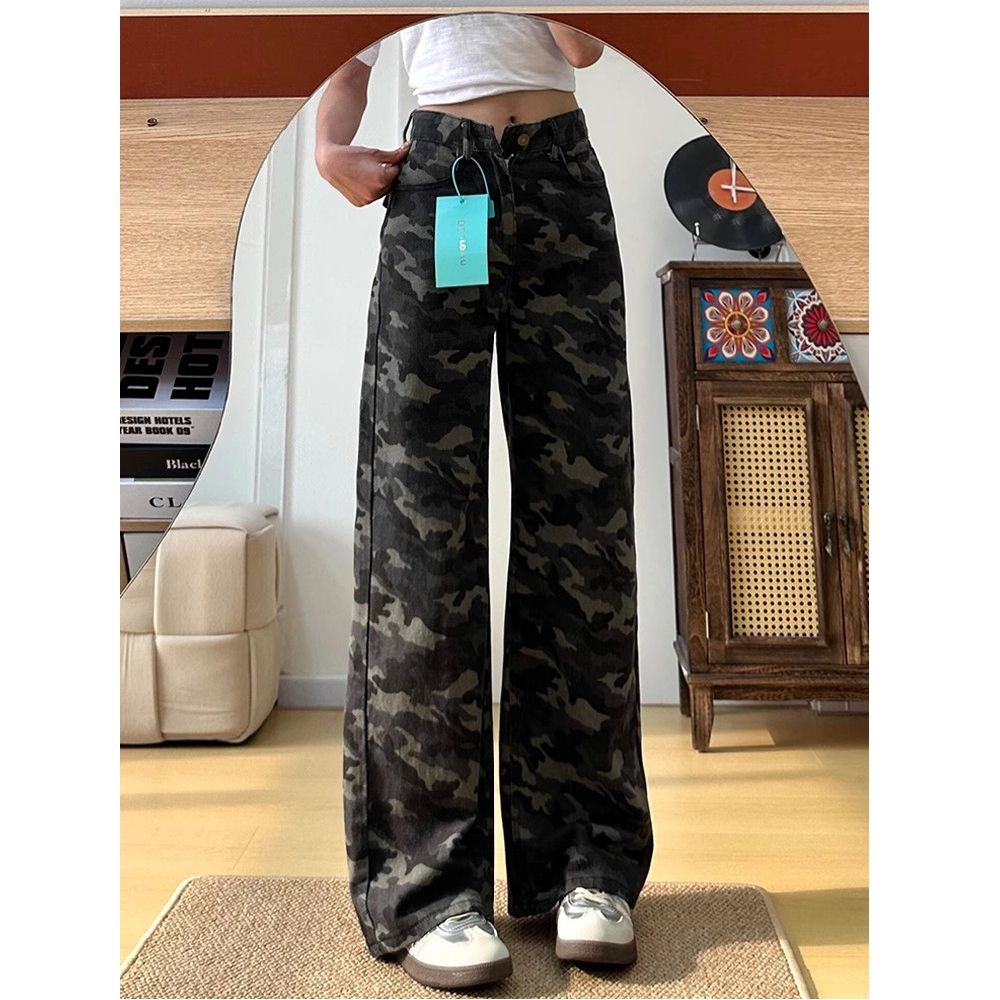 迷彩闊腿牛仔褲女2026夏季薄款辣妹高腰寬松顯瘦百搭拖地休閑褲子