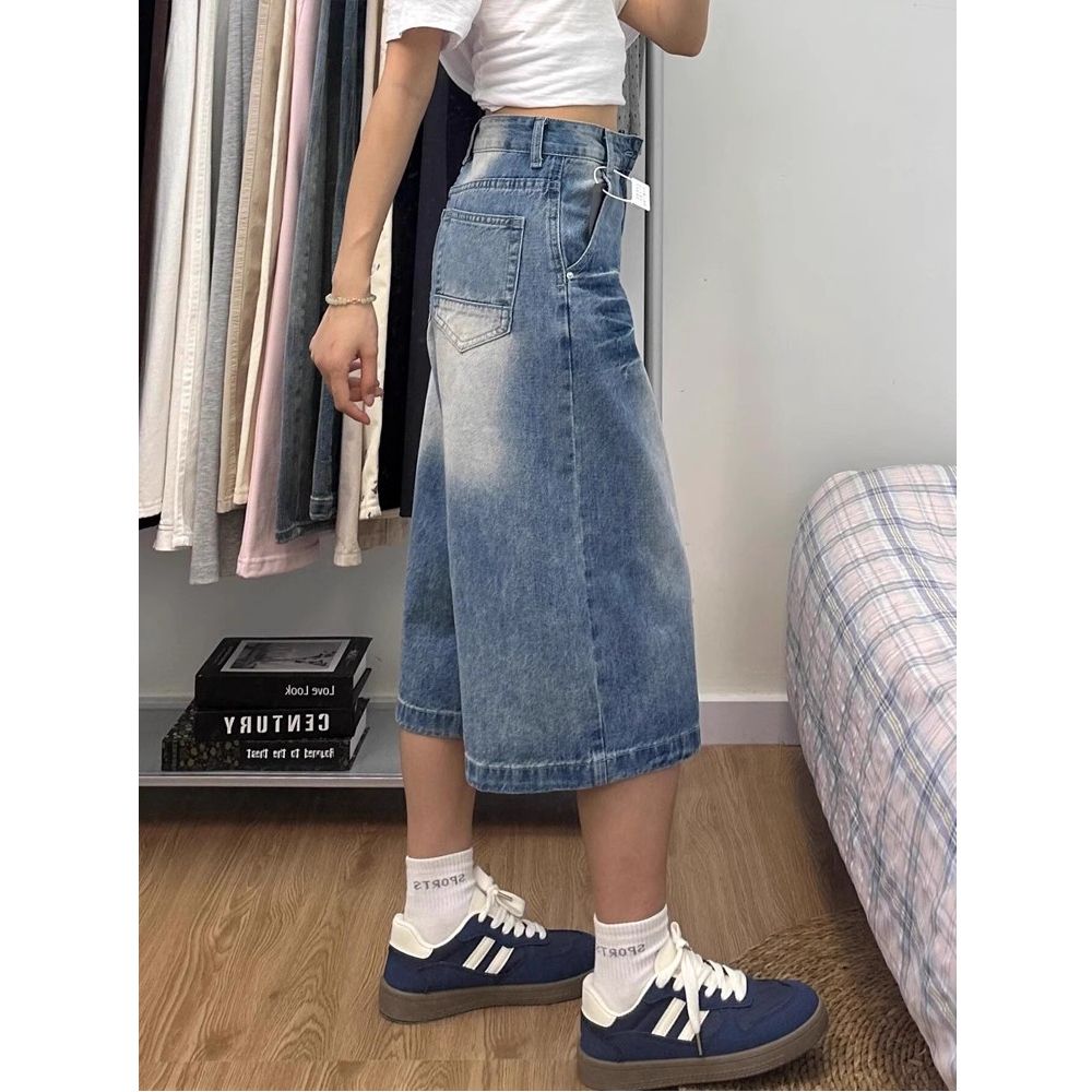 美式復古閃電紋水洗七分牛仔短褲女2026年夏季新款寬松直筒闊腿褲