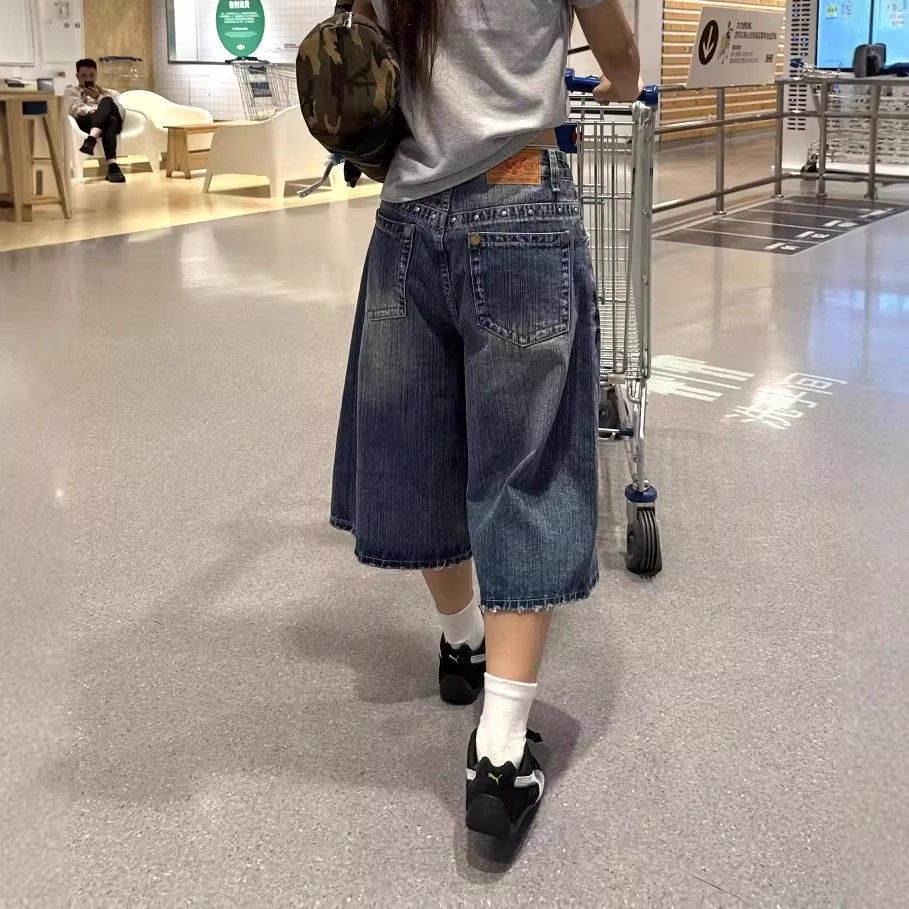 美式復古鉚釘設計牛仔七分褲女夏季新款街頭情侶寬松闊腿五分短褲