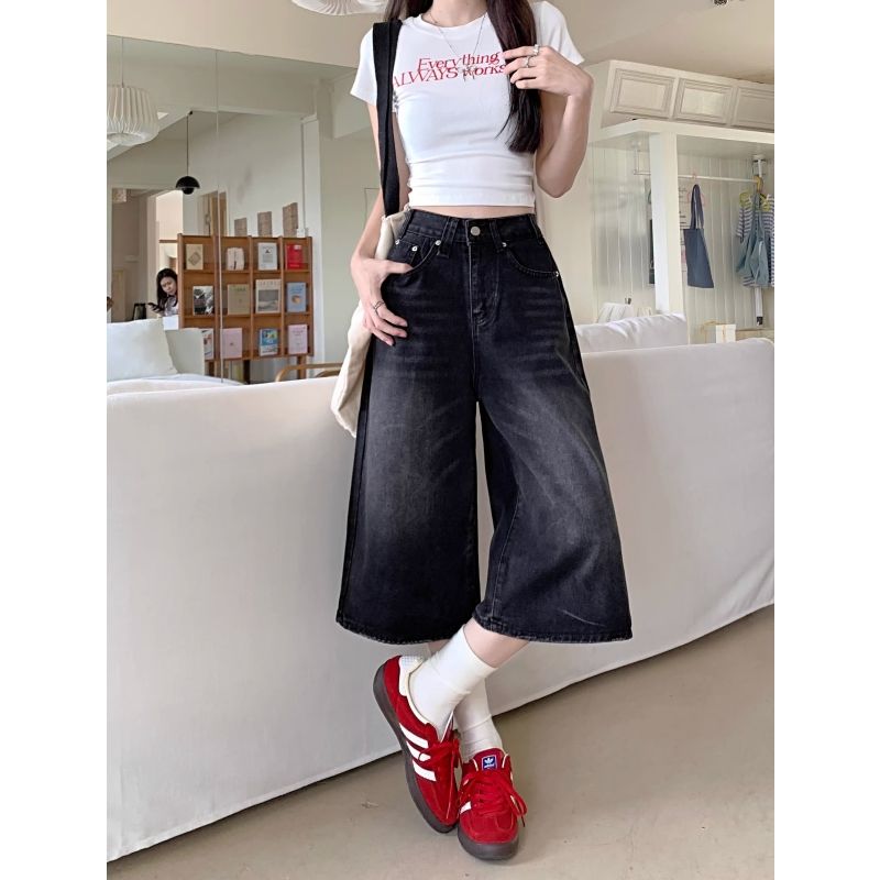 美式復古黑色七分牛仔短褲女2026夏季辣妹寬松顯瘦直筒闊腿中褲子