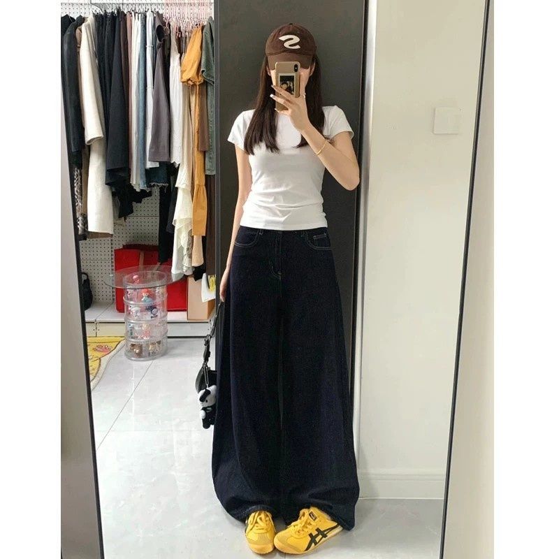 深藍色闊腿牛仔褲女春夏新款美式復古高腰寬松顯瘦垂感拖地直筒褲