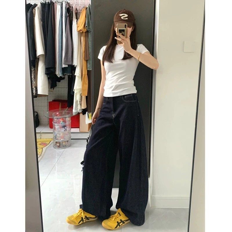 深藍色闊腿牛仔褲女春夏新款美式復古高腰寬松顯瘦垂感拖地直筒褲