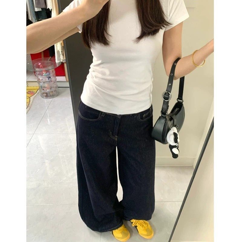 深藍色闊腿牛仔褲女春夏新款美式復古高腰寬松顯瘦垂感拖地直筒褲