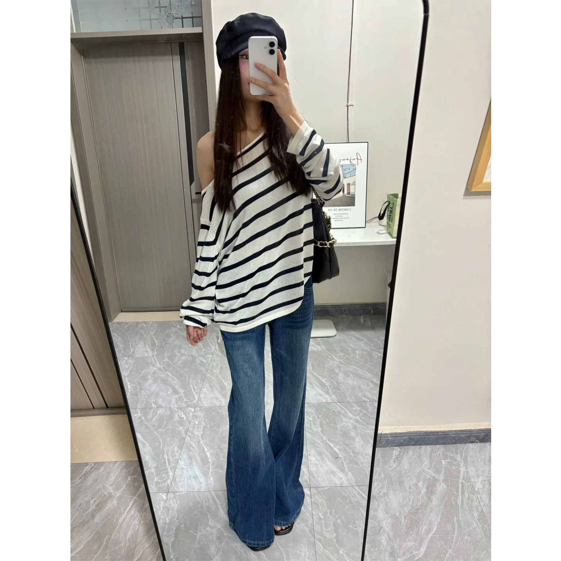 深藍竹節紋復古微喇牛仔褲女2026新款夏季辣妹寬松顯瘦微喇叭褲子