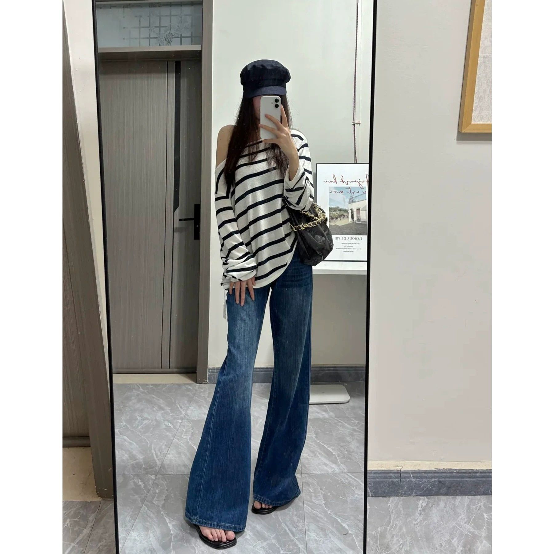 深藍竹節紋復古微喇牛仔褲女2026新款夏季辣妹寬松顯瘦微喇叭褲子