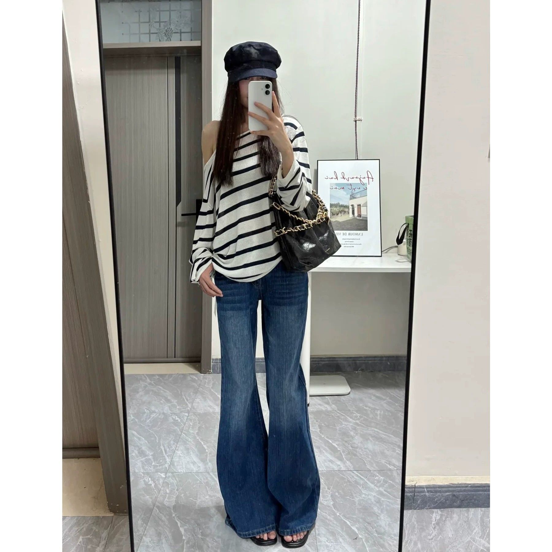 深藍竹節紋復古微喇牛仔褲女2026新款夏季辣妹寬松顯瘦微喇叭褲子