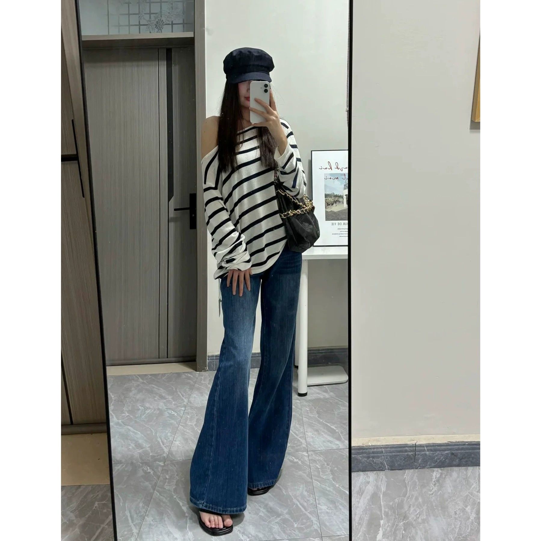 深藍竹節紋復古微喇牛仔褲女2026新款夏季辣妹寬松顯瘦微喇叭褲子
