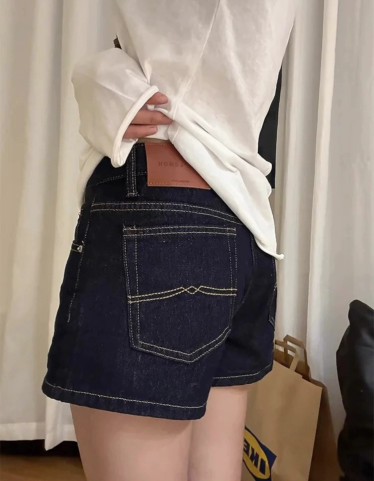 深藍色闊腿牛仔短褲女夏季梨型身材寬松顯瘦高腰a字熱褲