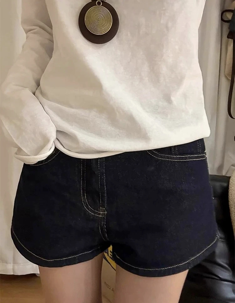 深藍色闊腿牛仔短褲女夏季梨型身材寬松顯瘦高腰a字熱褲