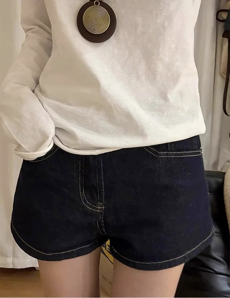 深藍色闊腿牛仔短褲女夏季梨型身材寬松顯瘦高腰a字熱褲