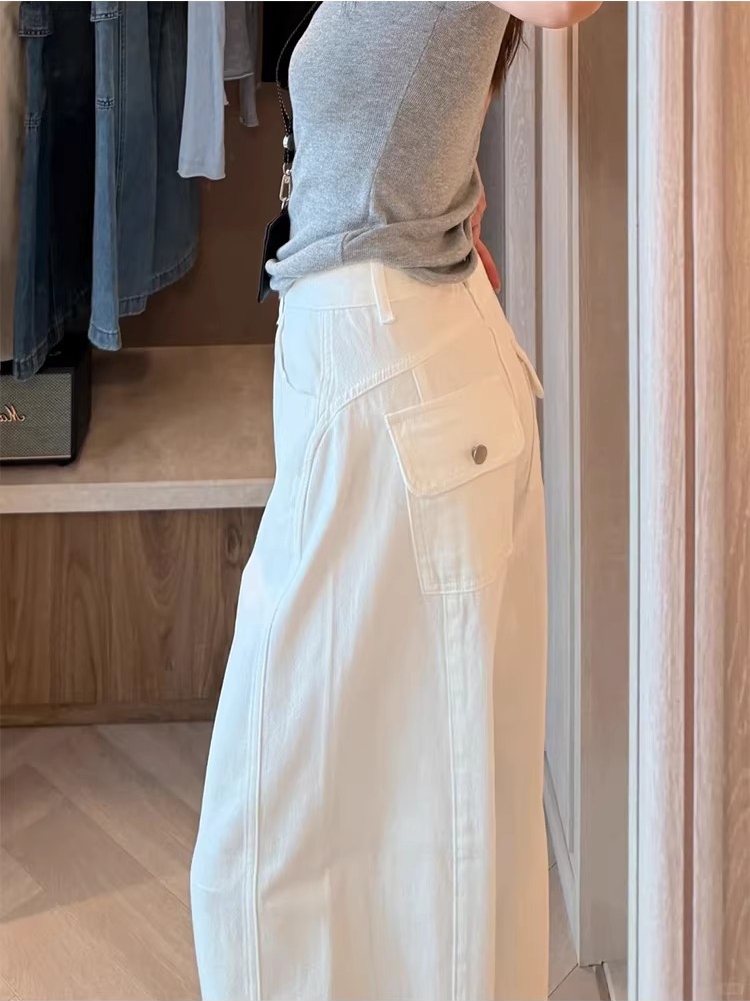 白色彎刀牛仔褲女2026春新款小眾設計感高腰顯瘦寬松休閑闊腿褲子