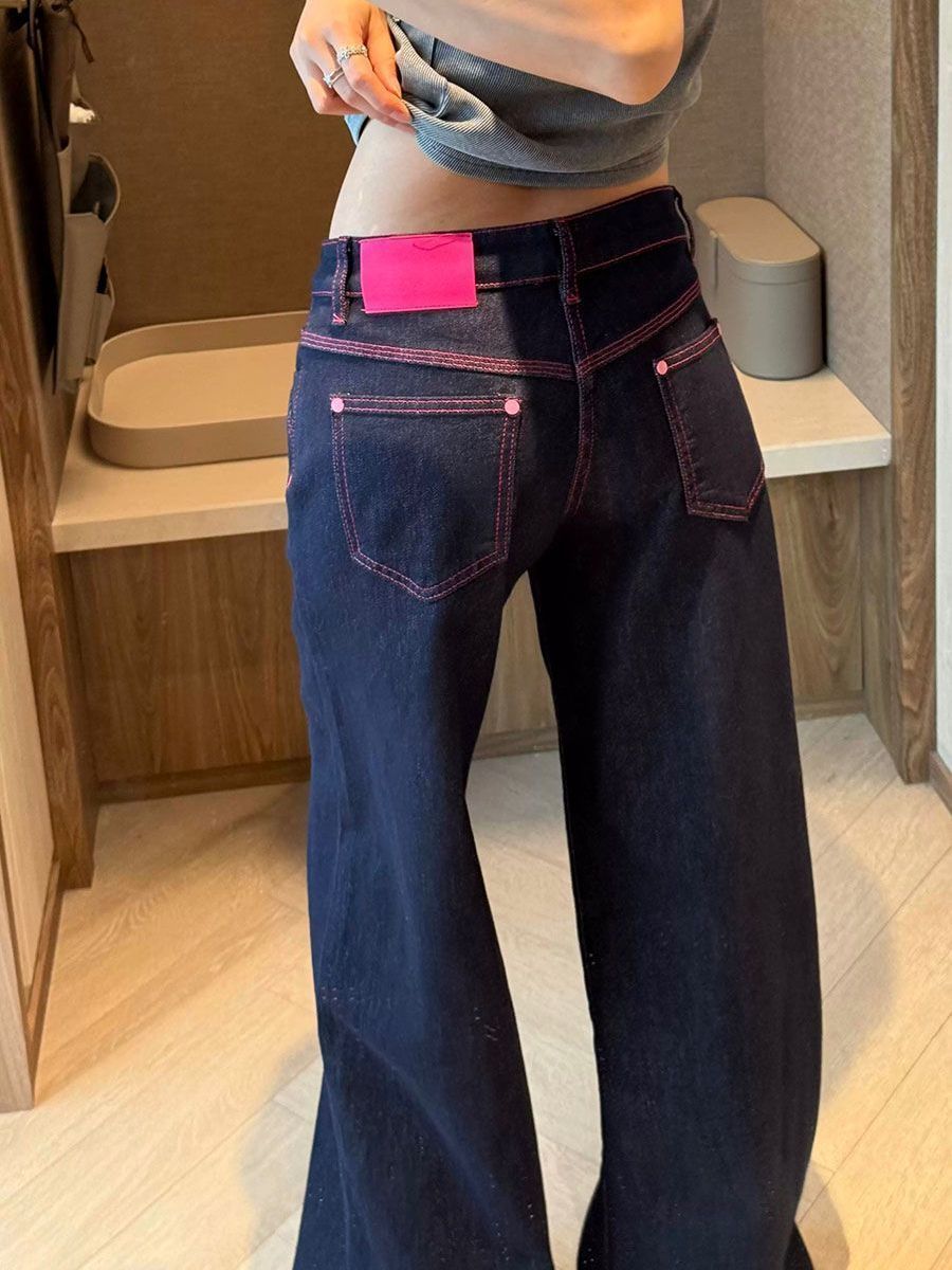 美式撞色闊腿牛仔褲女2026新款小眾設計辣妹低腰寬松垂感拖地長褲