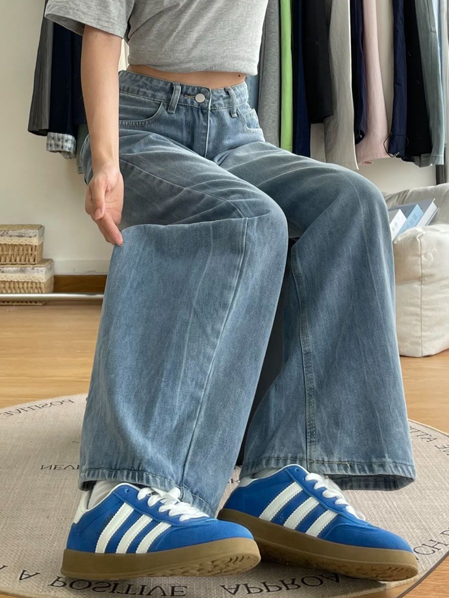 美式字母燙鉆復古水洗藍色彎刀牛仔褲女高街辣妹寬松顯瘦闊腿長褲