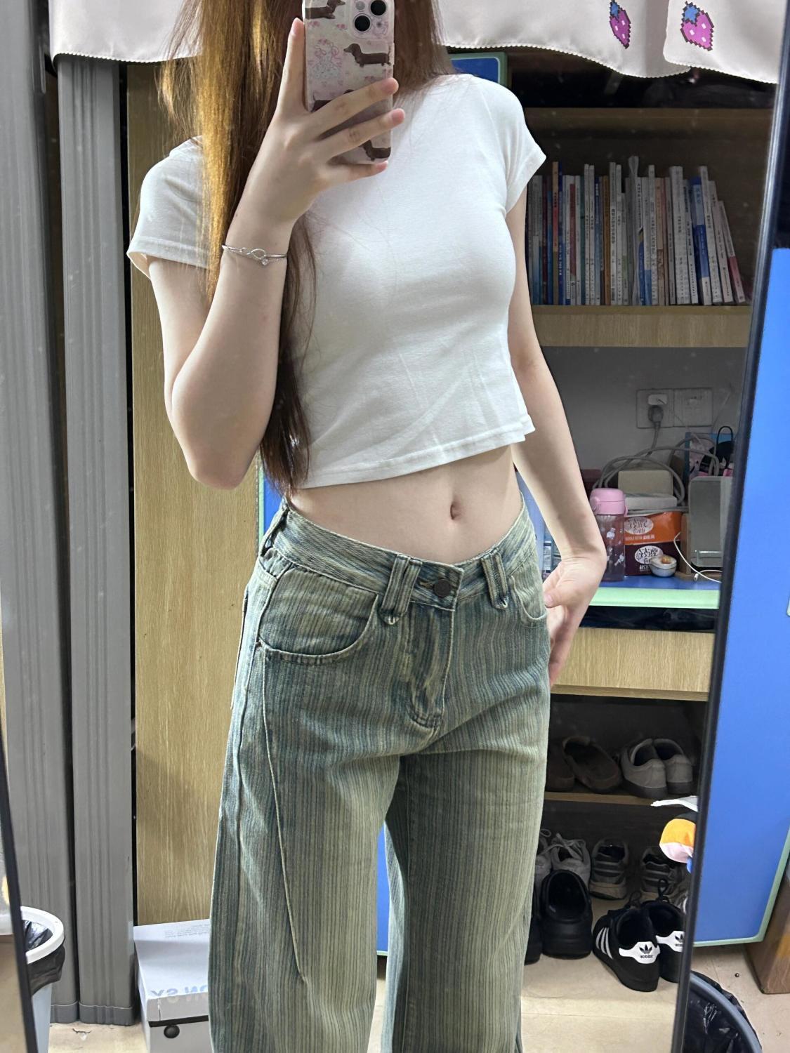 美式高腰獨孤條紋設計寬松闊腿牛仔褲女春秋通勤百搭遮肉垂感長褲