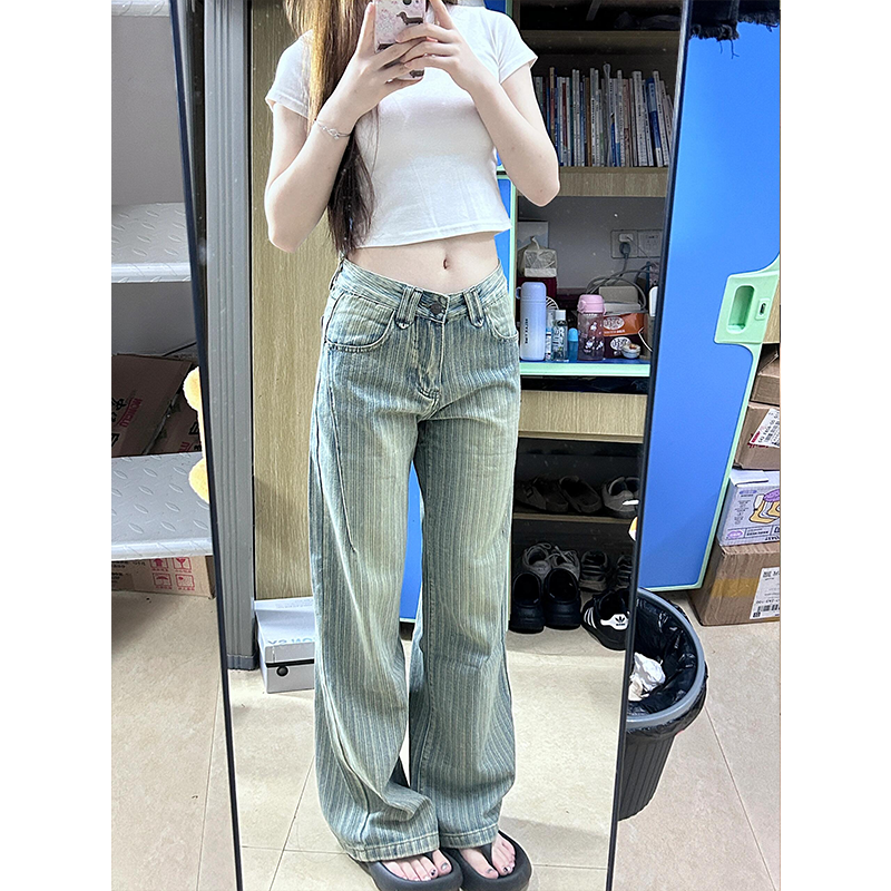 美式高腰獨孤條紋設計寬松闊腿牛仔褲女春秋通勤百搭遮肉垂感長褲