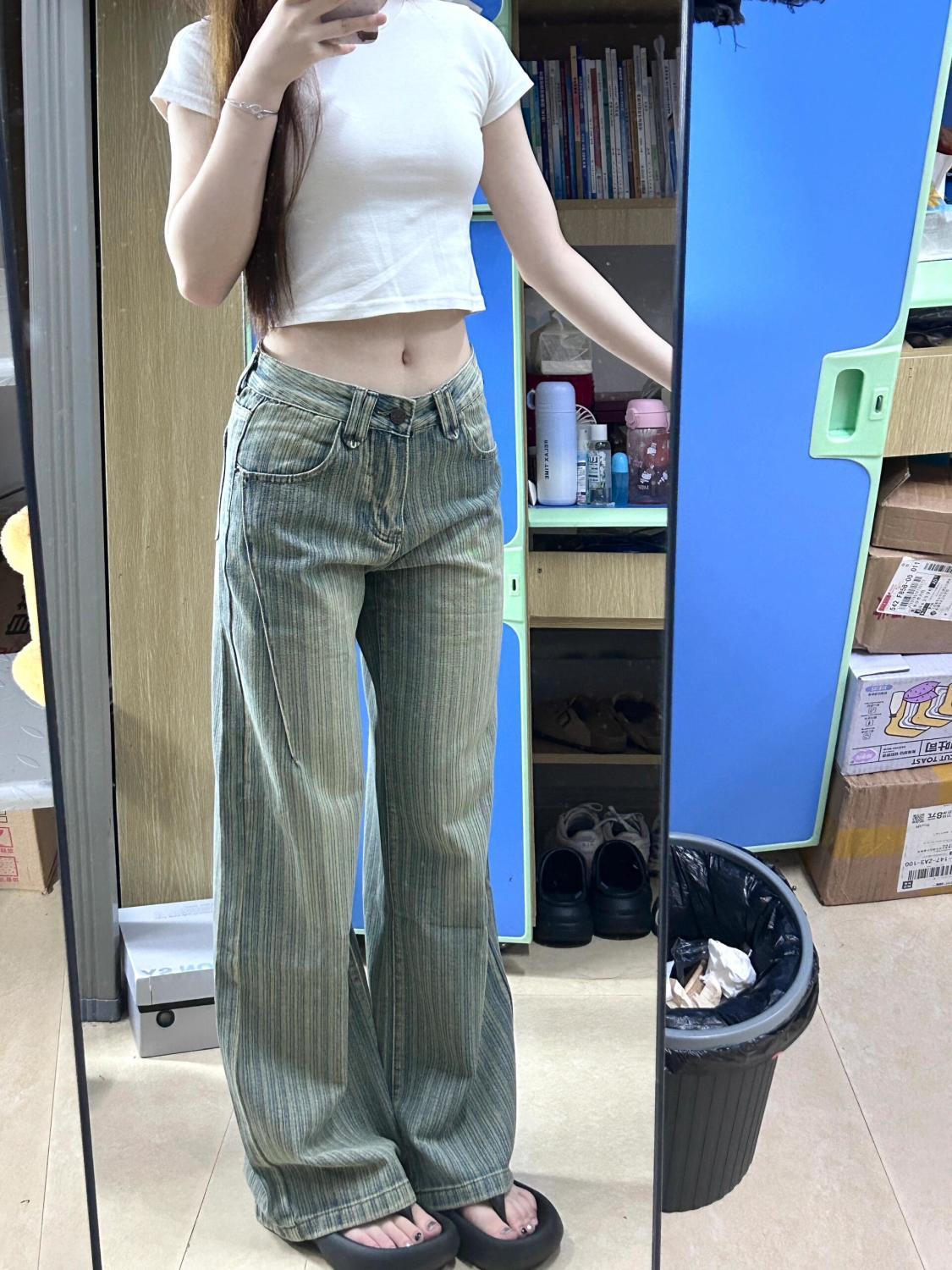 美式高腰獨孤條紋設計寬松闊腿牛仔褲女春秋通勤百搭遮肉垂感長褲