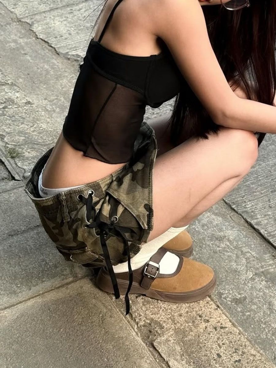 美式辣妹y2k工裝低腰迷彩牛仔半身裙女夏季側邊綁帶包臀超短裙褲