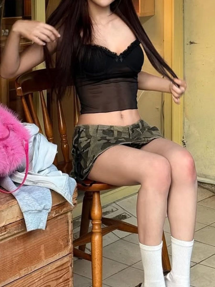 美式辣妹y2k工裝低腰迷彩牛仔半身裙女夏季側邊綁帶包臀超短裙褲