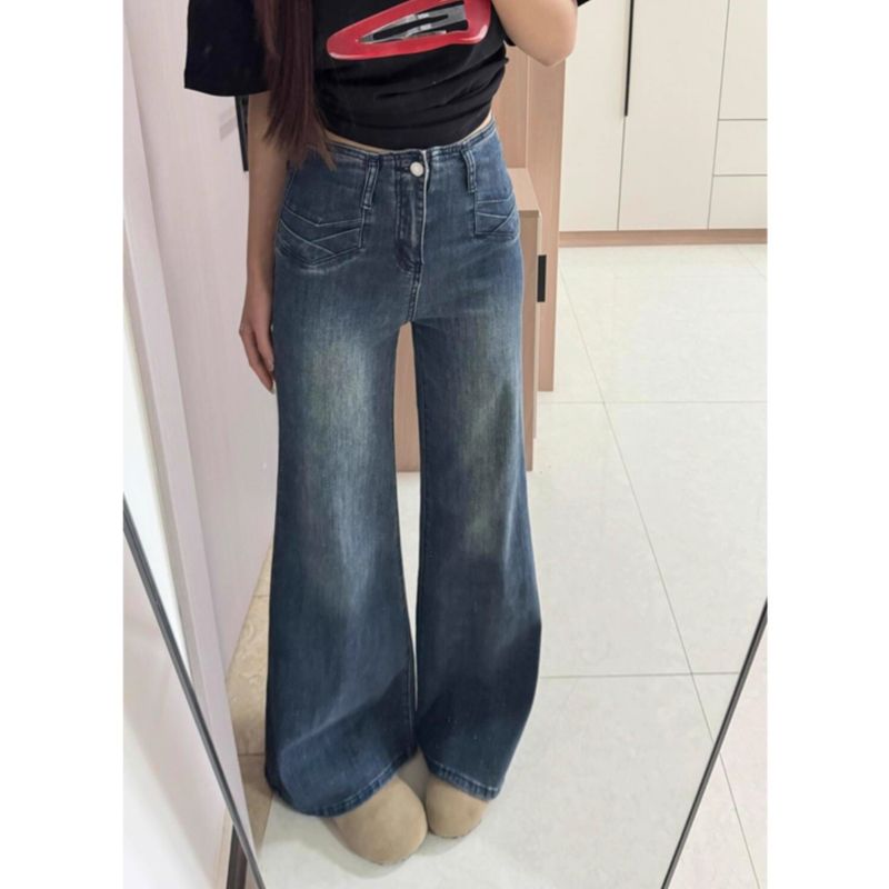 韓版復古高腰喇喇牛仔褲女秋季新款交疊口袋設計修身垂感拖地褲子