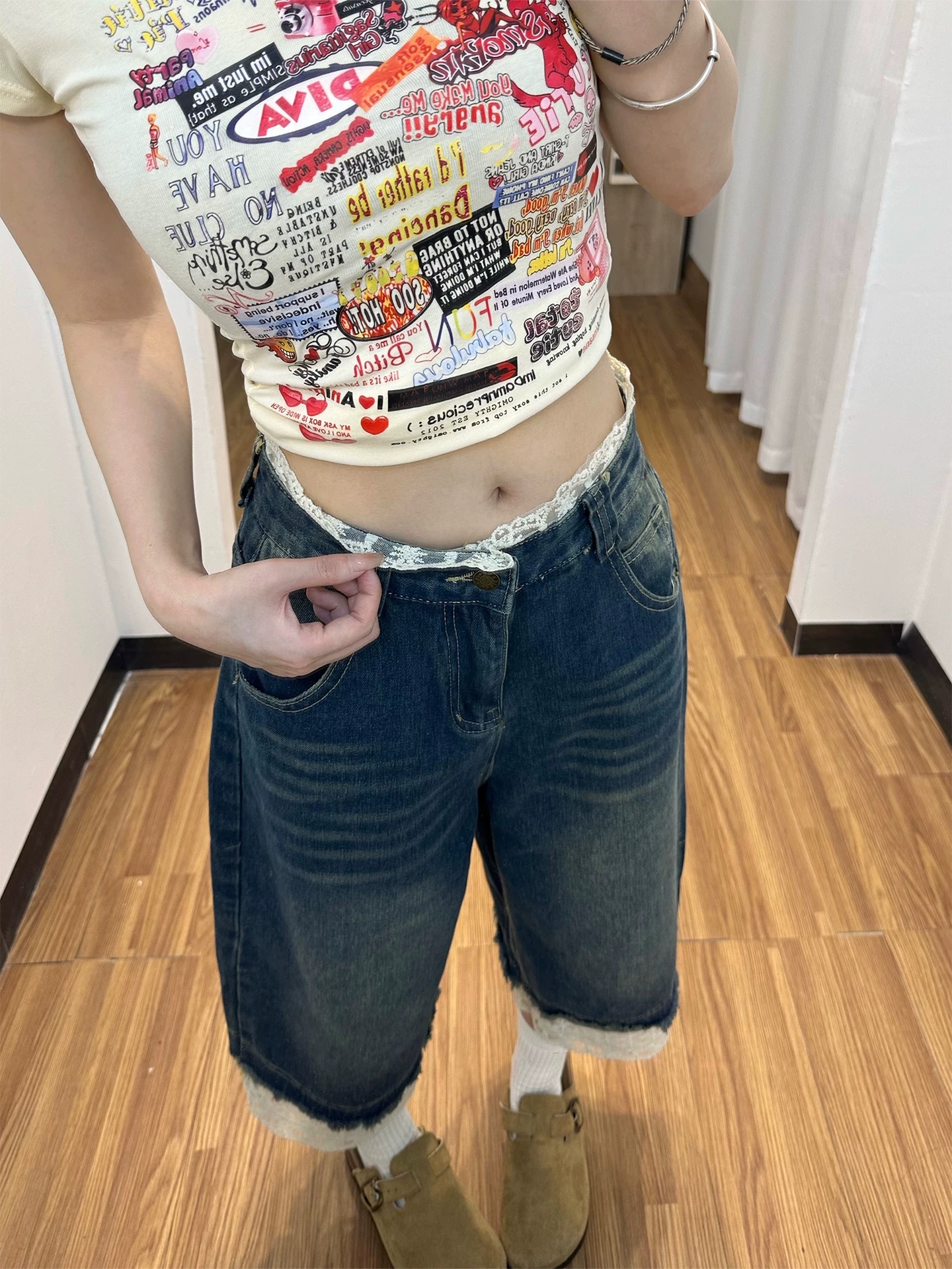 美式復古設計感蕾絲拼接七分牛仔褲女直筒寬松修身顯身材休閑褲子