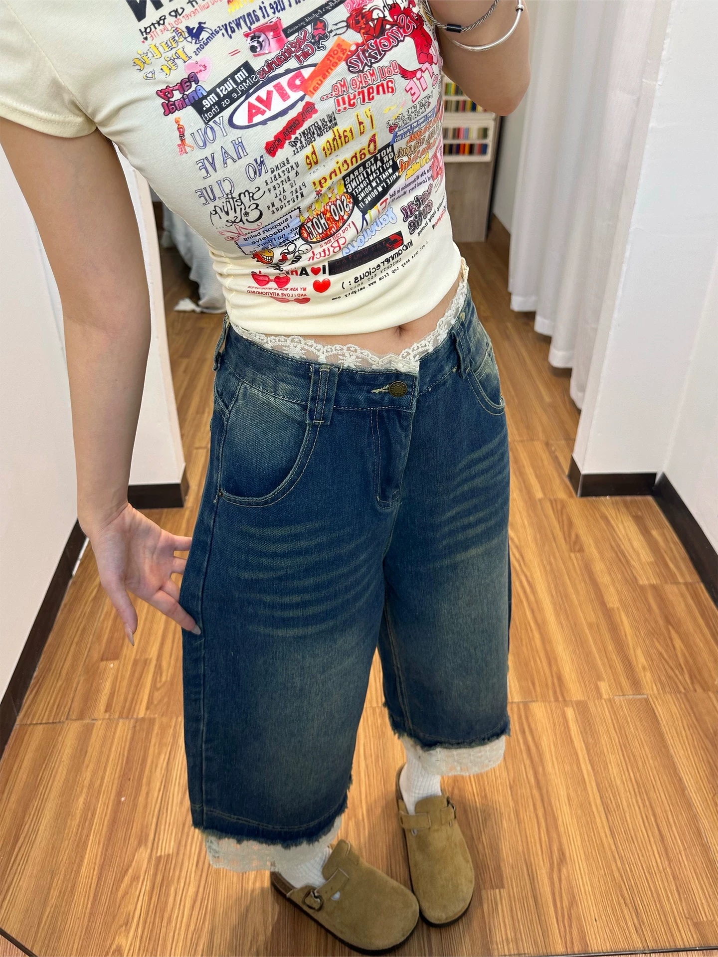 美式復古設計感蕾絲拼接七分牛仔褲女直筒寬松修身顯身材休閑褲子