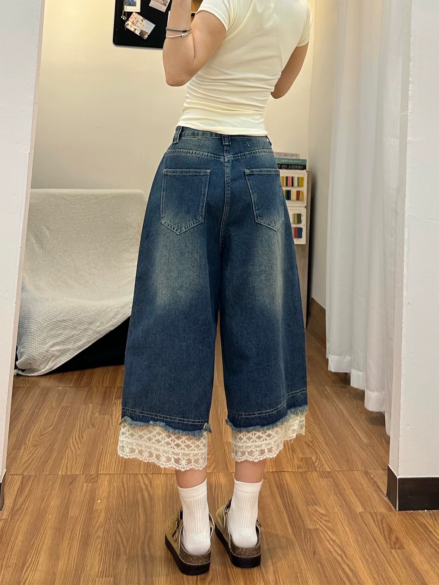 美式復古設計感蕾絲拼接七分牛仔褲女直筒寬松修身顯身材休閑褲子