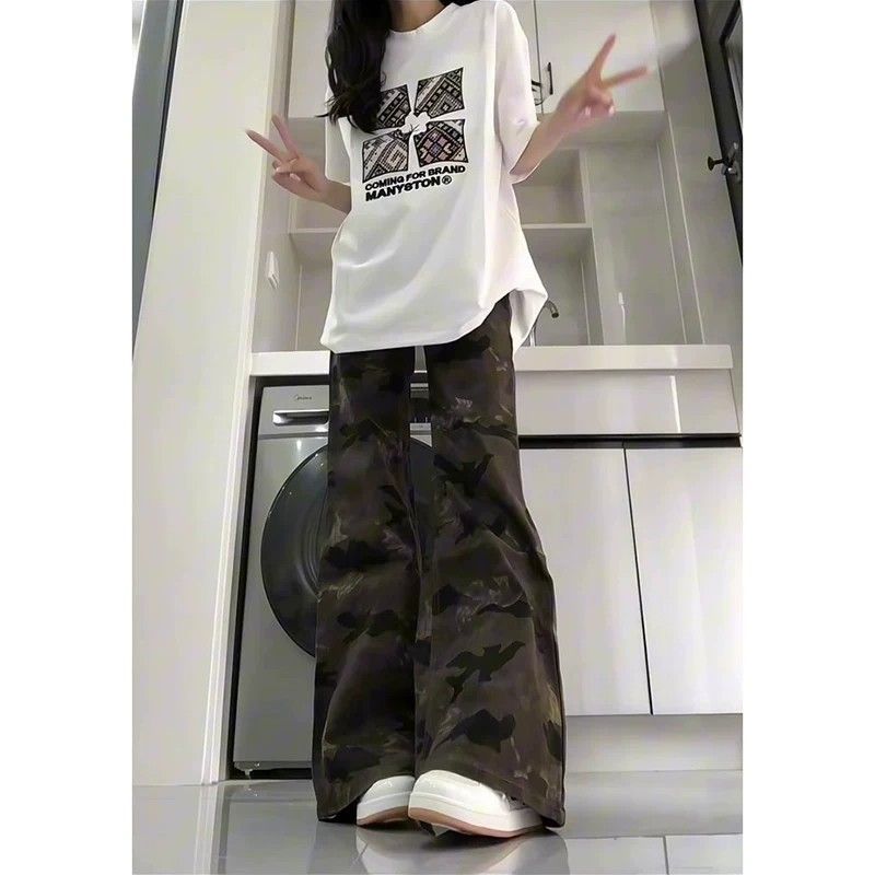 爆款迷彩工裝微喇牛仔褲女夏季美式復古寬松顯瘦闊腿拖地喇叭褲