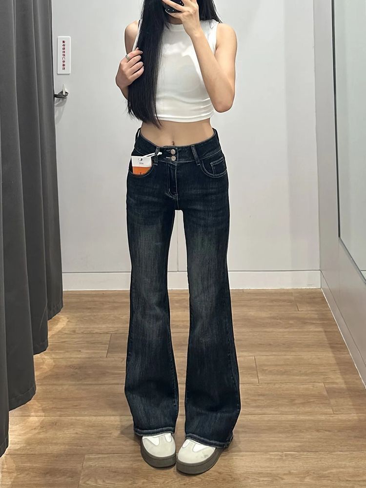 145小個子修身顯瘦藍灰色微喇牛仔褲女新款彈力雙扣設計喇叭褲子