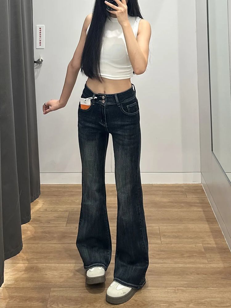 145小個子修身顯瘦藍灰色微喇牛仔褲女新款彈力雙扣設計喇叭褲子