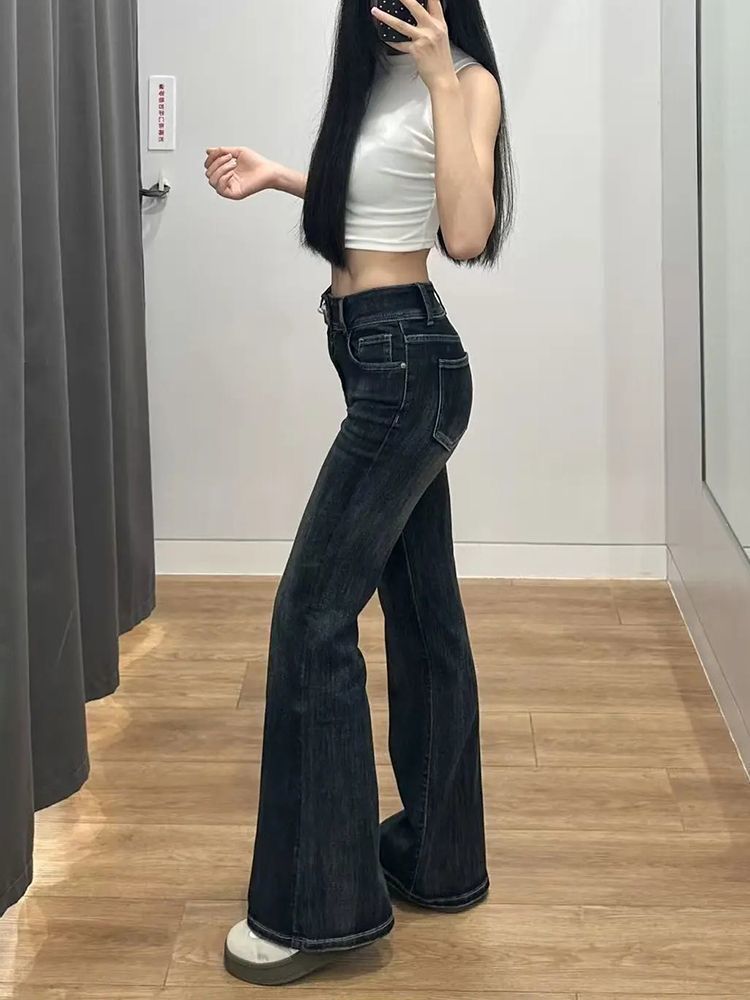 145小個子修身顯瘦藍灰色微喇牛仔褲女新款彈力雙扣設計喇叭褲子